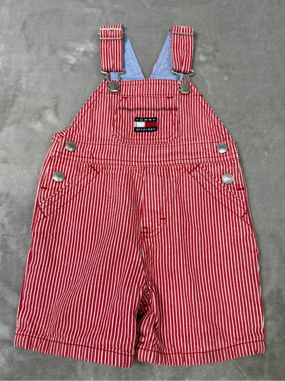 Vintage Y2K Tommy Hilfiger Baby Denim Pinstripe Overalls Size 6-12 Months Red